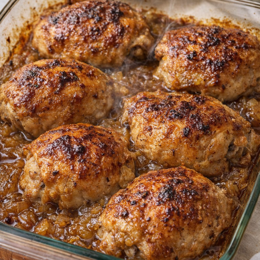 Golden baked chicken with bubbling onion glaze in the oven dish
