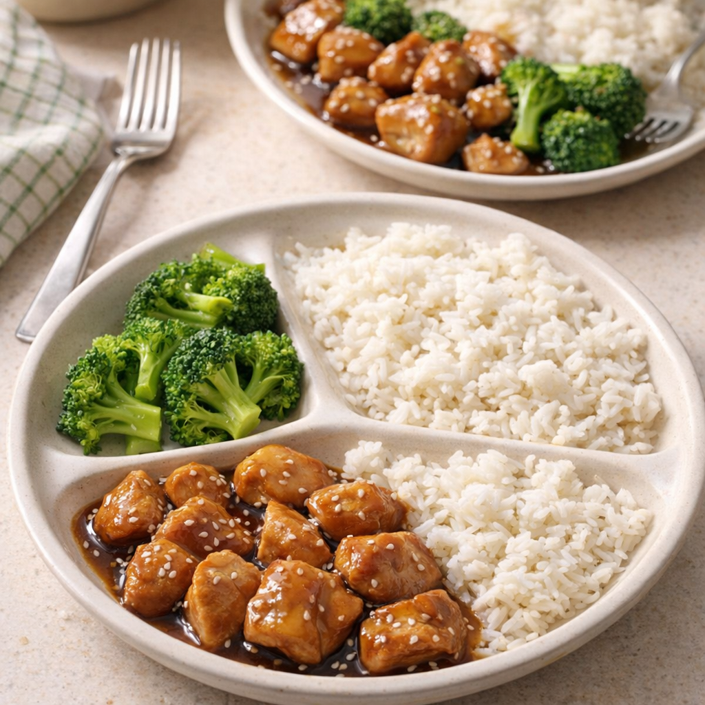 Family-style plates with teriyaki chicken, rice, and broccoli served separately