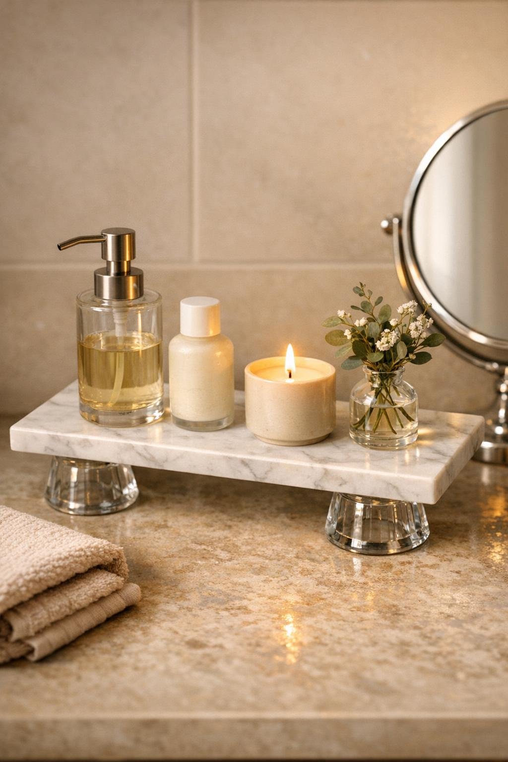 Finished marble bathroom tray on glass candle holders styled on a bathroom counter