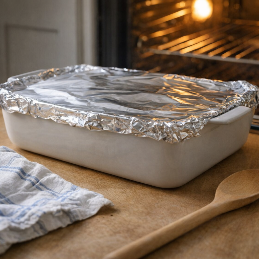Foil-covered baking dish of noodles ready for the oven