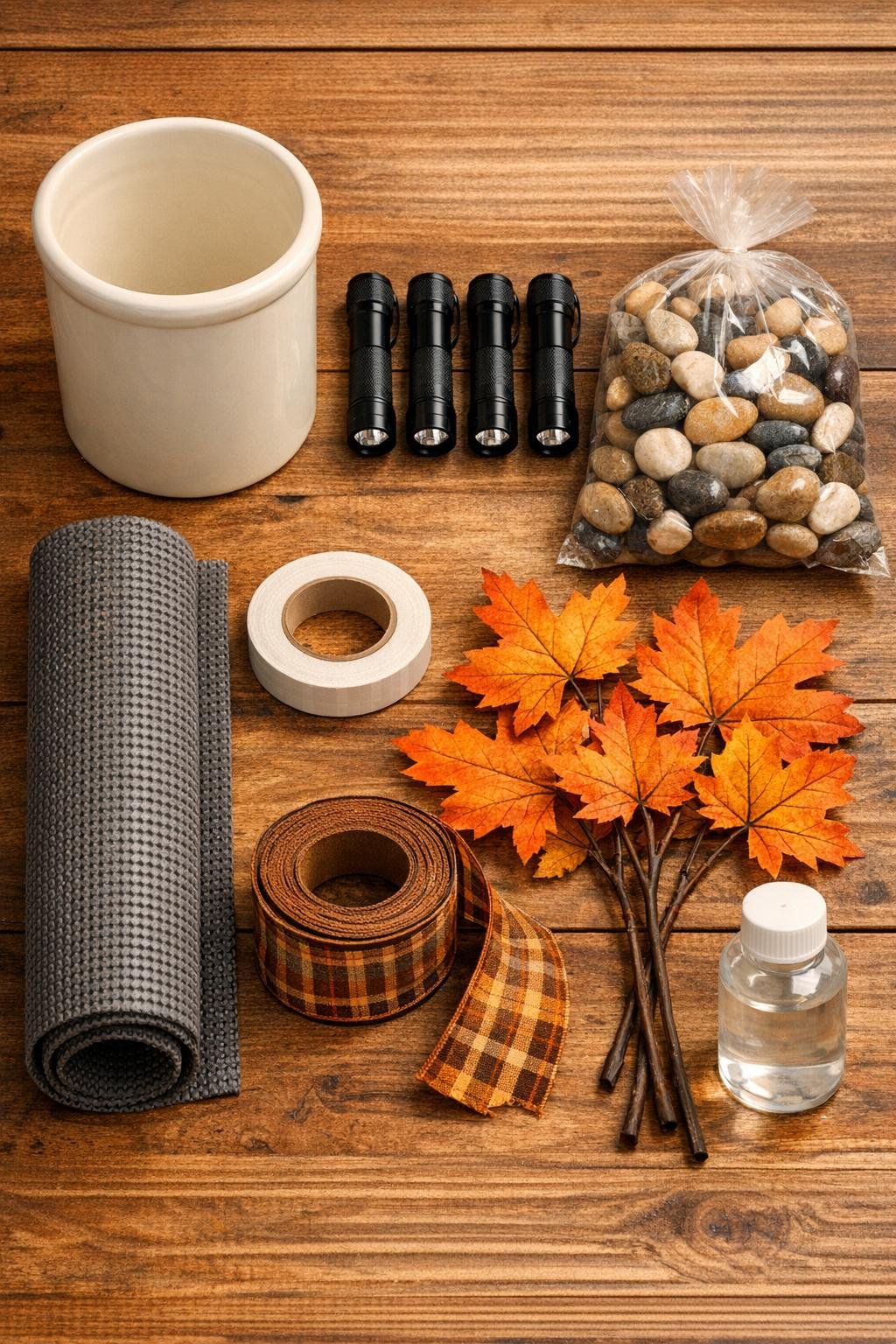 Materials for a ceramic crock flashlight station laid out on a table