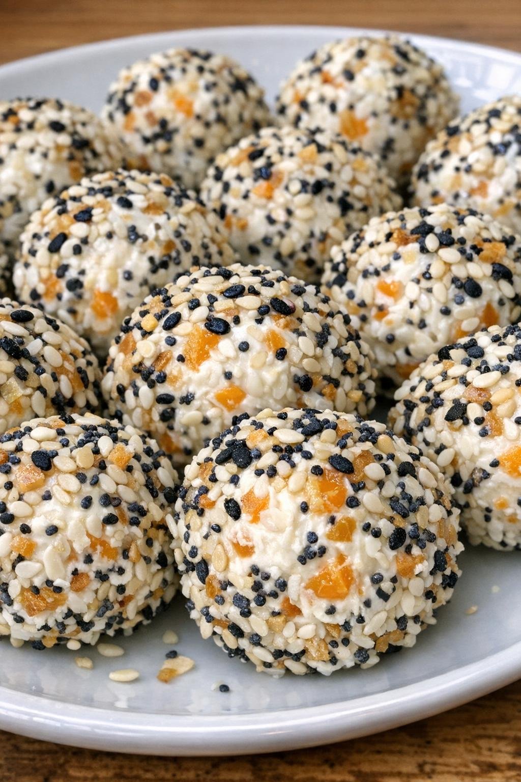Bite-size everything bagel cream cheese balls on a white plate