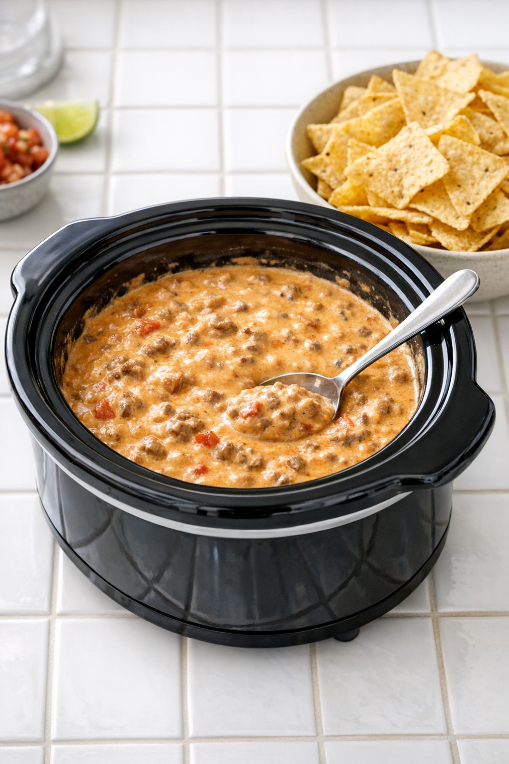 Finished creamy taco beef dip in a slow cooker with chips on the side