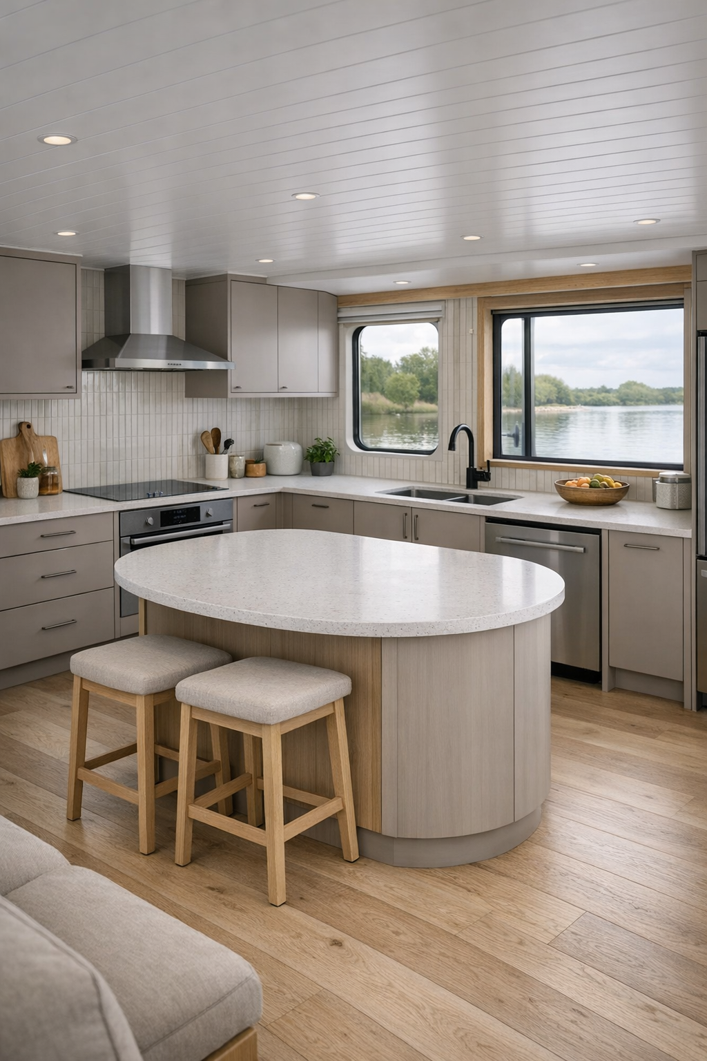 Contemporary kitchen with soft taupe cabinetry, rounded island, and quartz counters