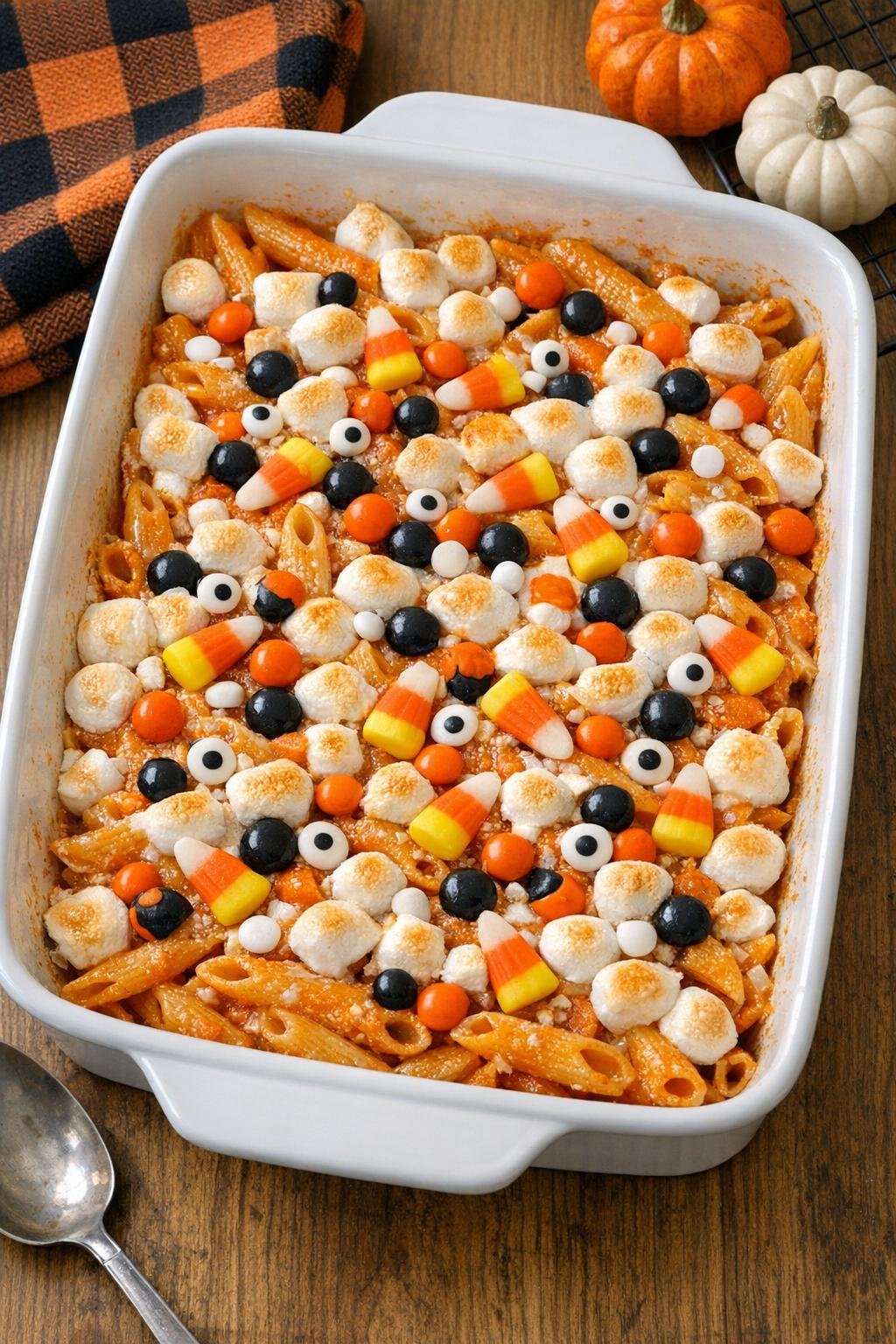 Finished sweet Halloween pasta bake in a ceramic casserole dish