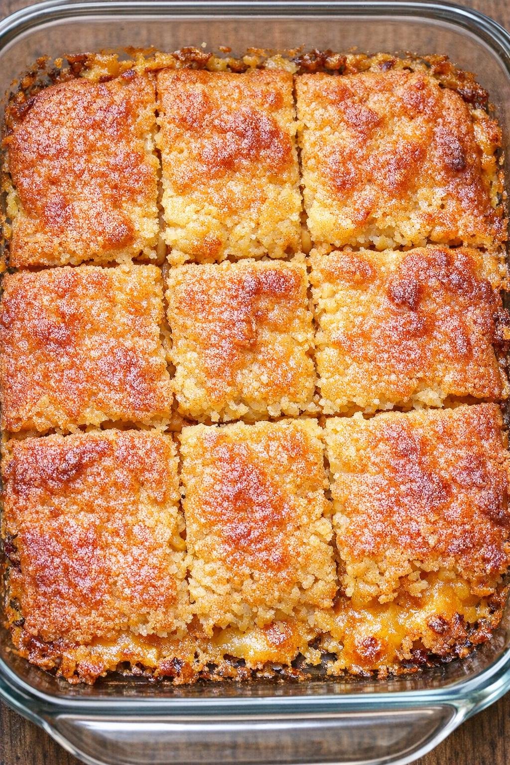 Southern crispy cheddar squares in a glass casserole dish