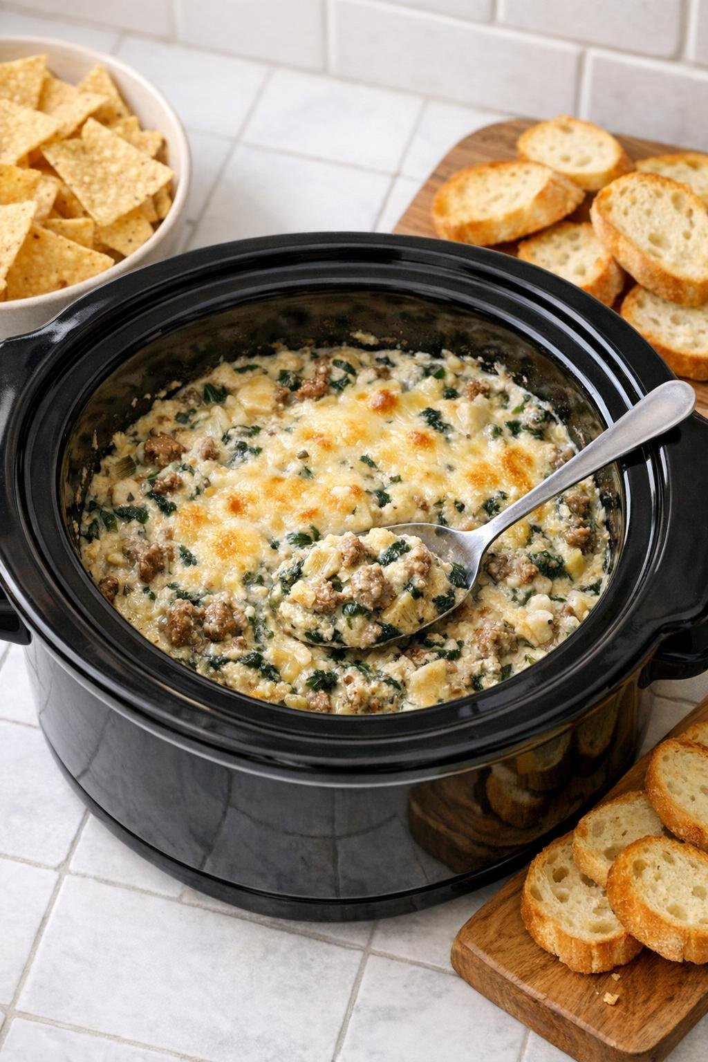 Finished spinach artichoke beef dip in a slow cooker