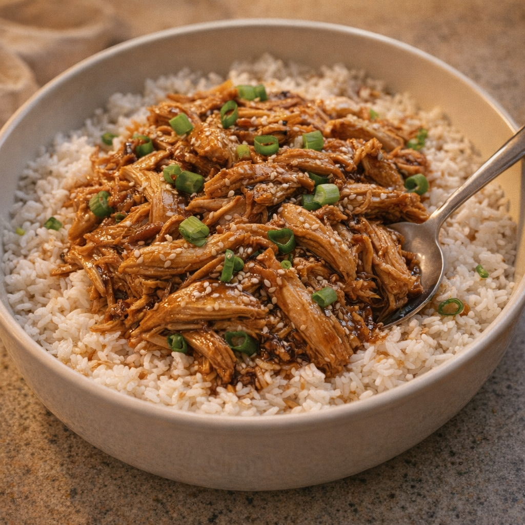Shredded teriyaki chicken served over white rice in a family-style bowl