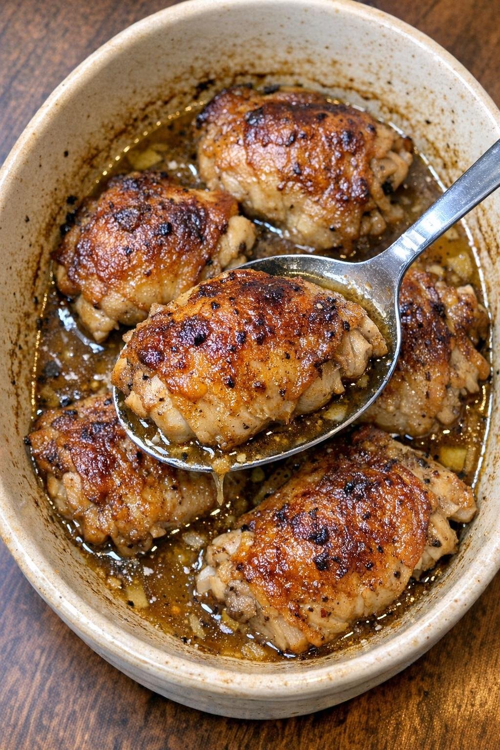 Crispy golden-brown chicken thighs in a stoneware baking dish