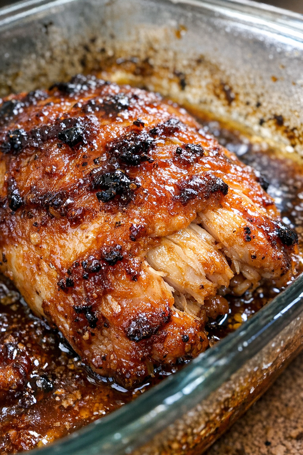 Roasted glazed protein in a glass baking dish