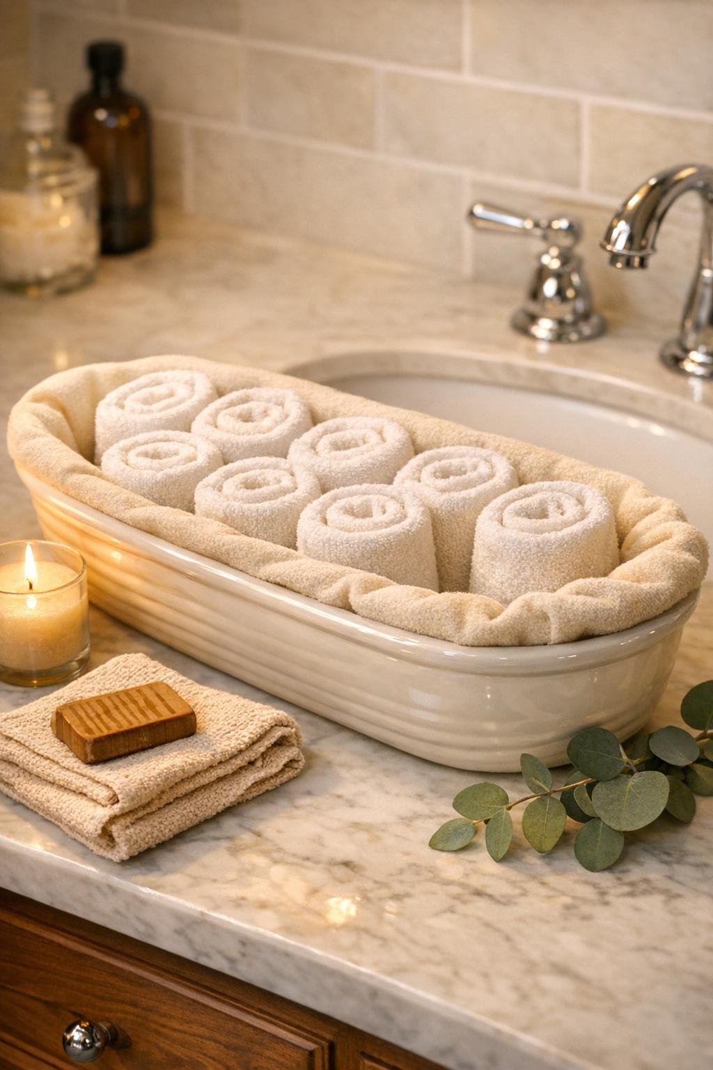 Finished ceramic bread basket towel warmer styled in a bathroom