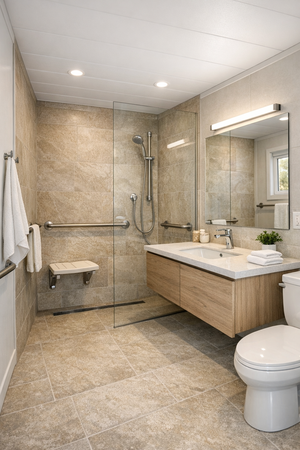 Light modern bathroom with curbless shower, stone-look tile, and floating vanity