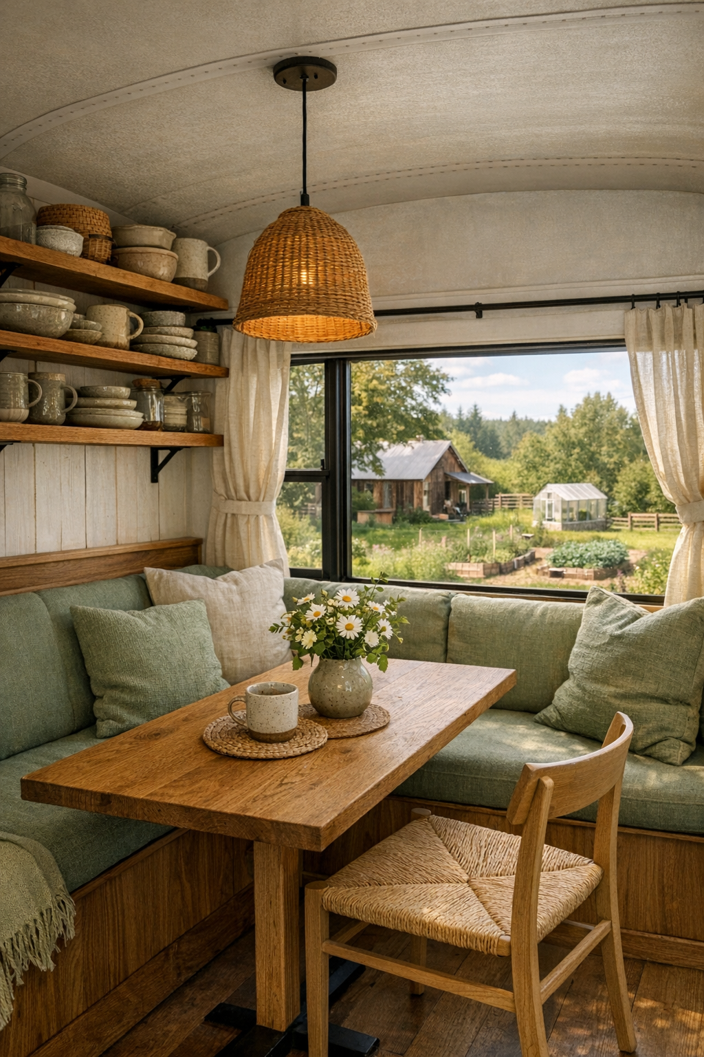 Compact dining nook in the bus with built-in banquette, oak table, and sunlit windows