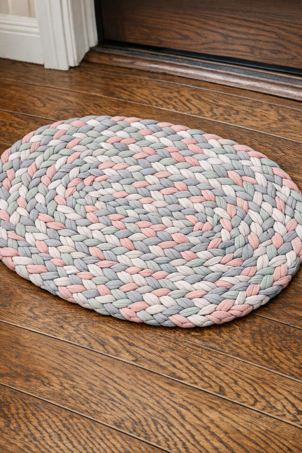 Finished braided doormat made from old t-shirts