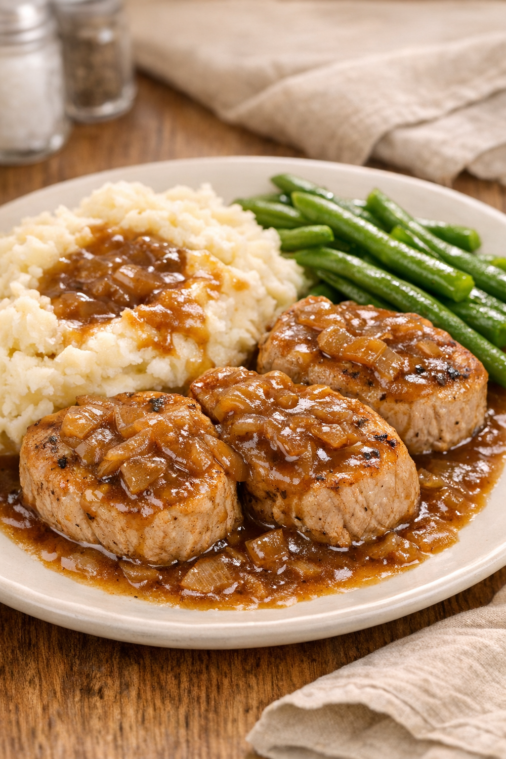Finished pork medallions with gravy on a dinner plate