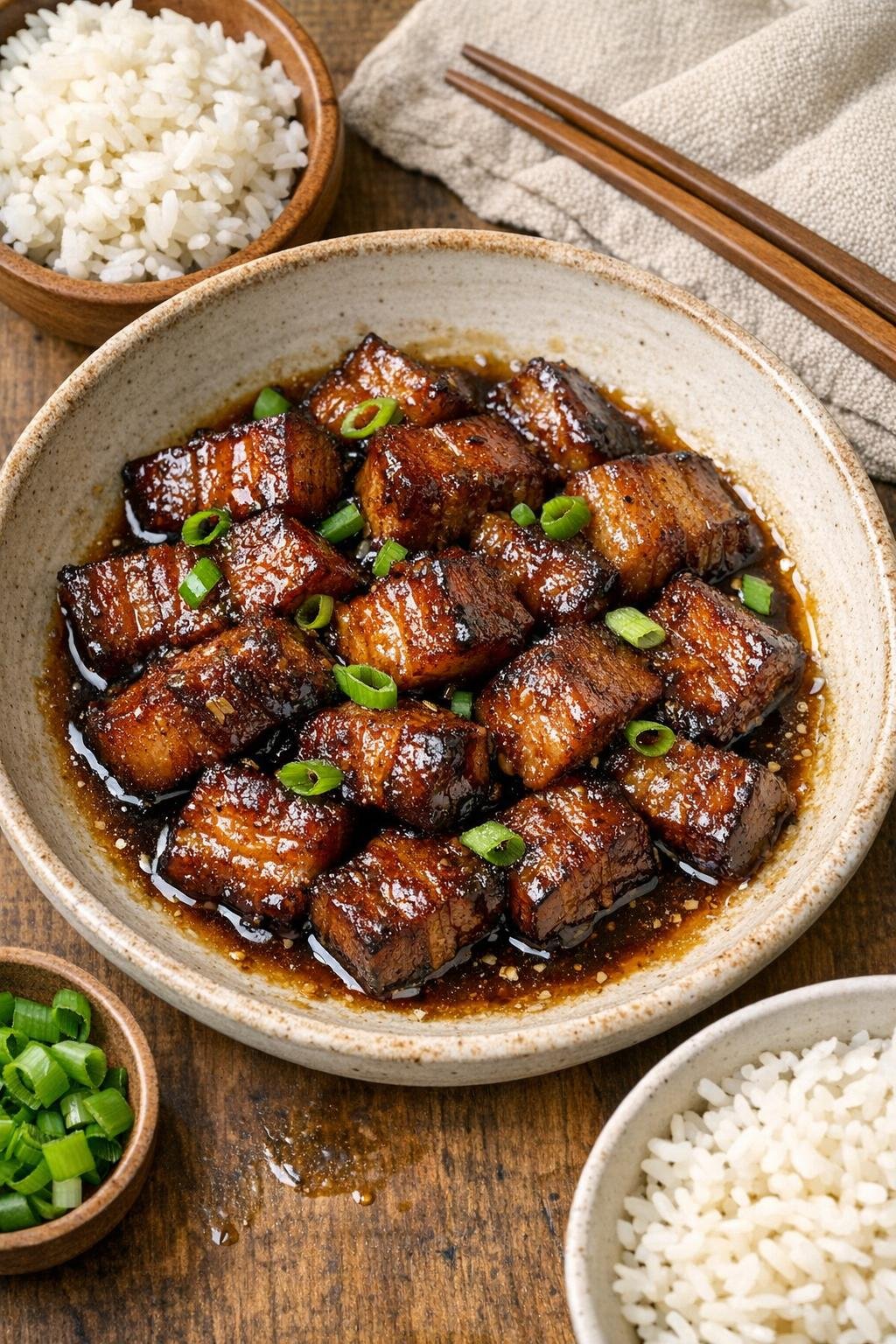 Finished pork belly bites plated with sauce
