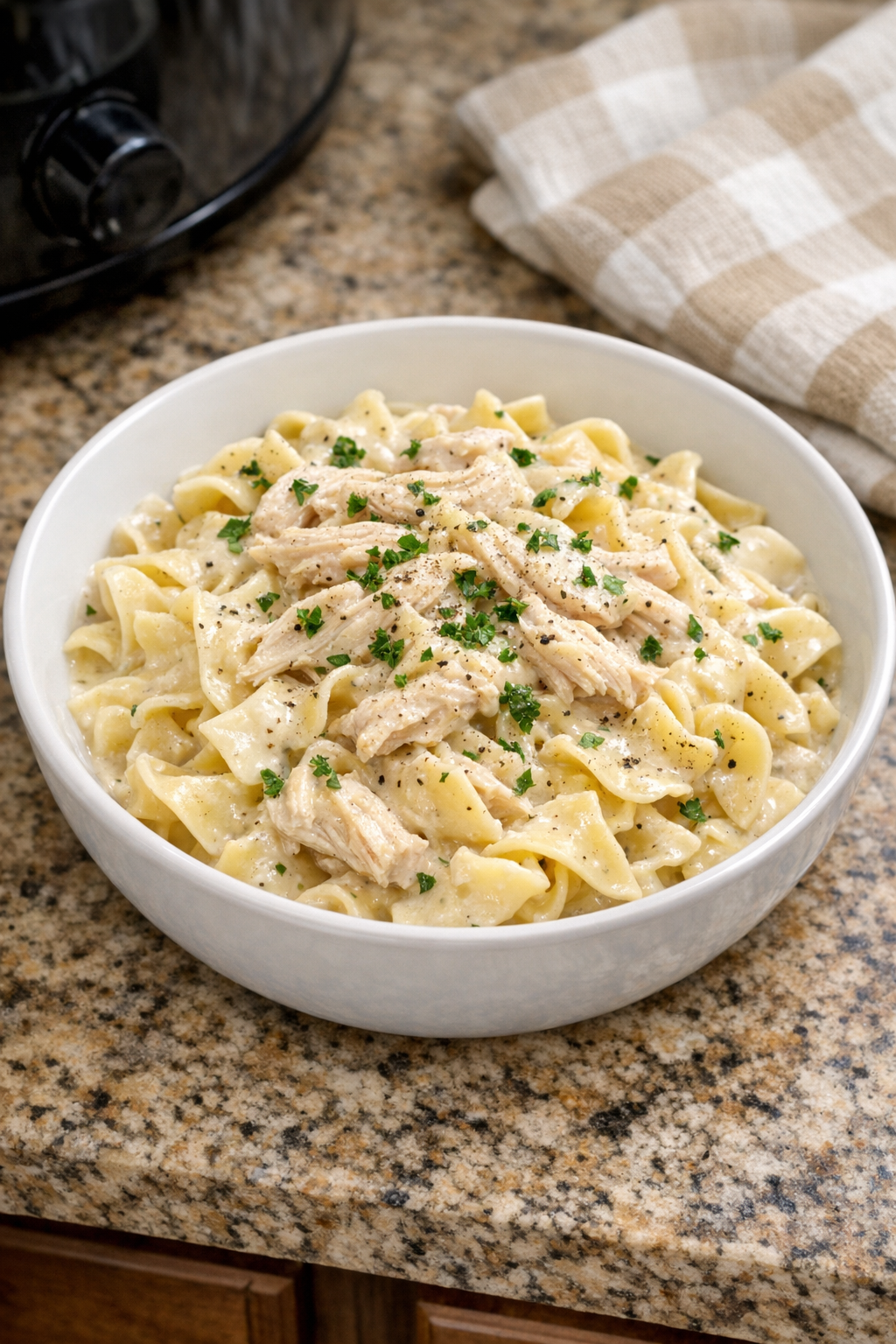 Finished creamy turkey pasta plated in a bowl