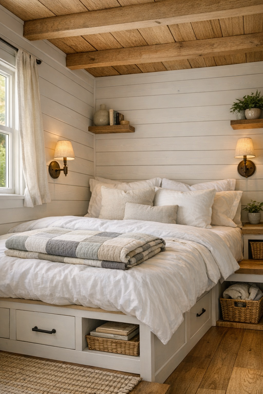 Calm tiny home bedroom with neutral bedding, wood details, and built-in storage