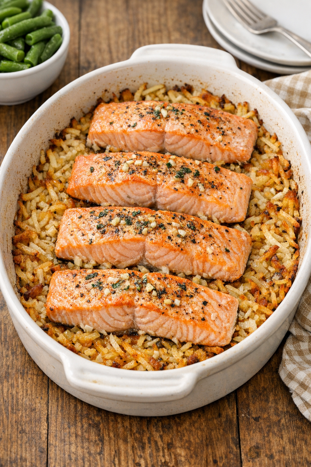 Finished baked salmon planks over crispy hashbrowns