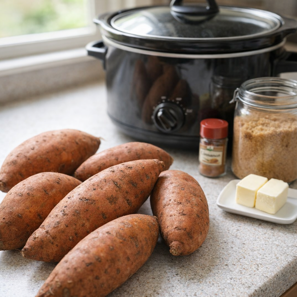 Whole sweet potatoes beside a slow cooker on a kitchen counter