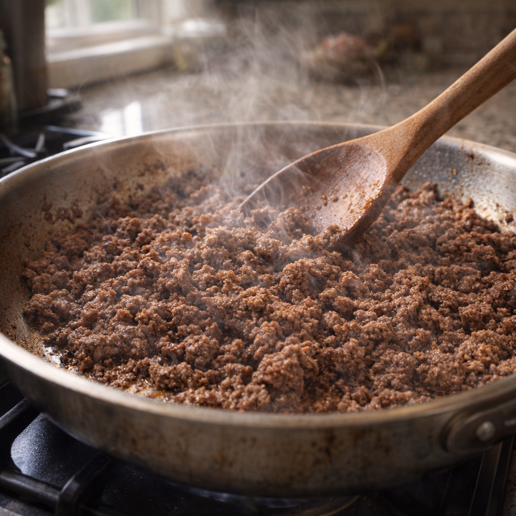 Ground beef browning in a deep skillet