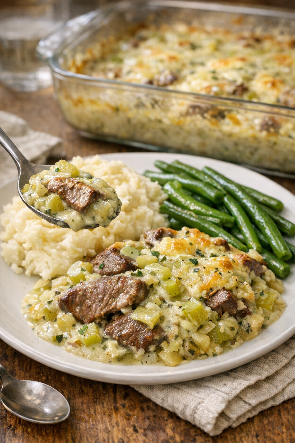 Finished Amish beef and celery soup casserole plated for dinner