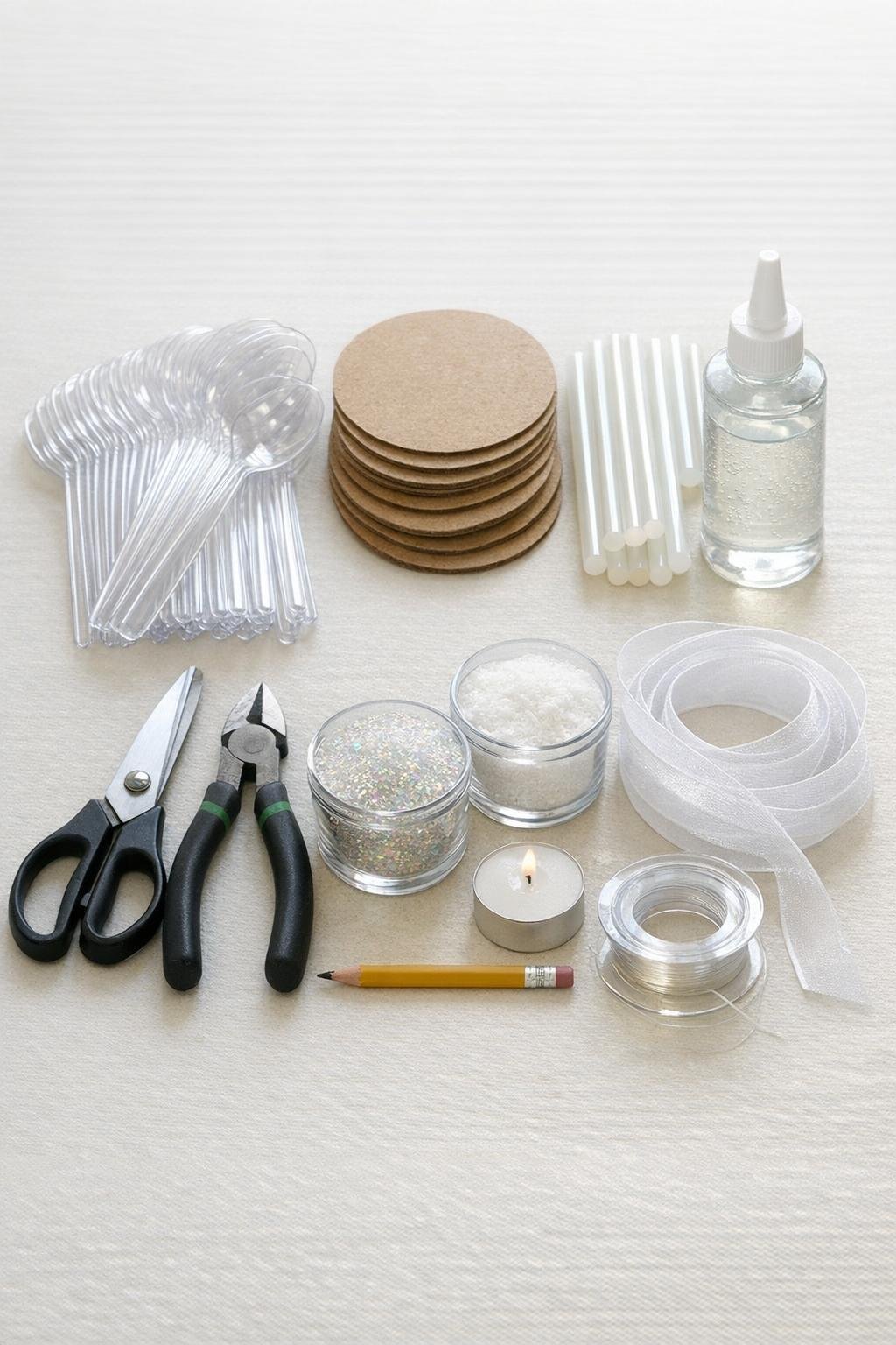 Clear plastic spoons, cardboard circles, glue sticks, ribbon, faux snow glitter, and tools laid out on a table