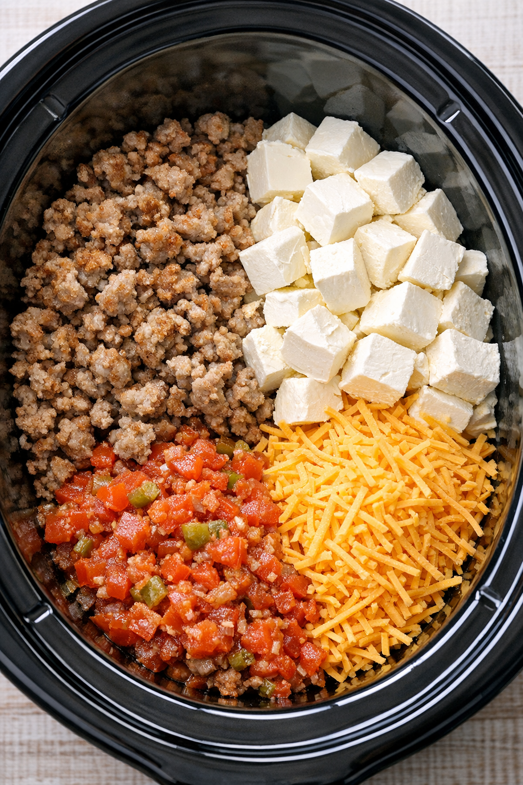 Slow cooker filled with sausage cheese dip ingredients