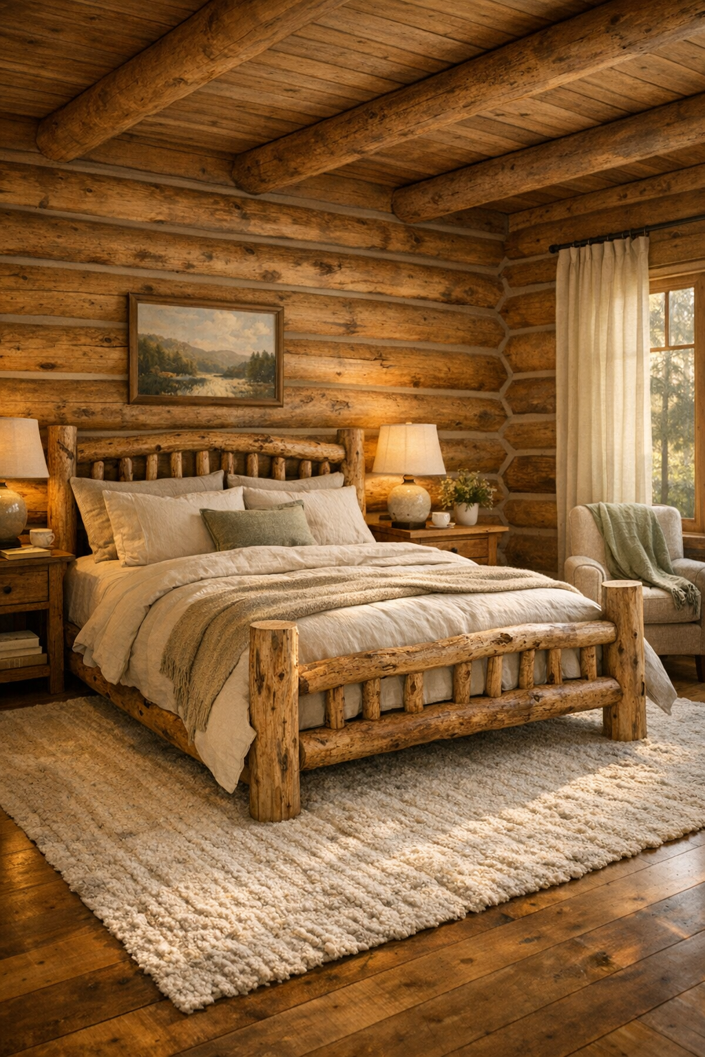 Serene rustic bedroom with handcrafted wood bed and soft natural textiles