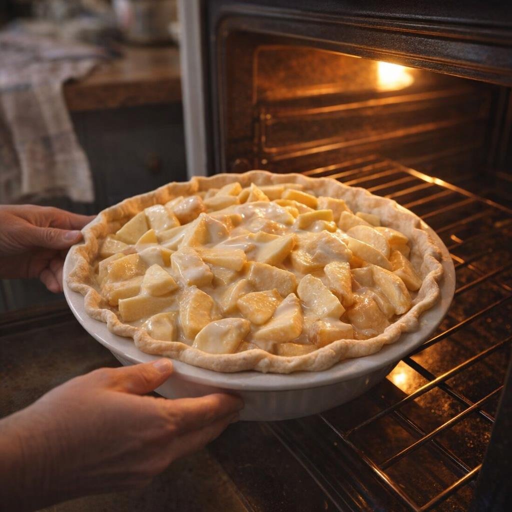 Unbaked apple pie going into the oven