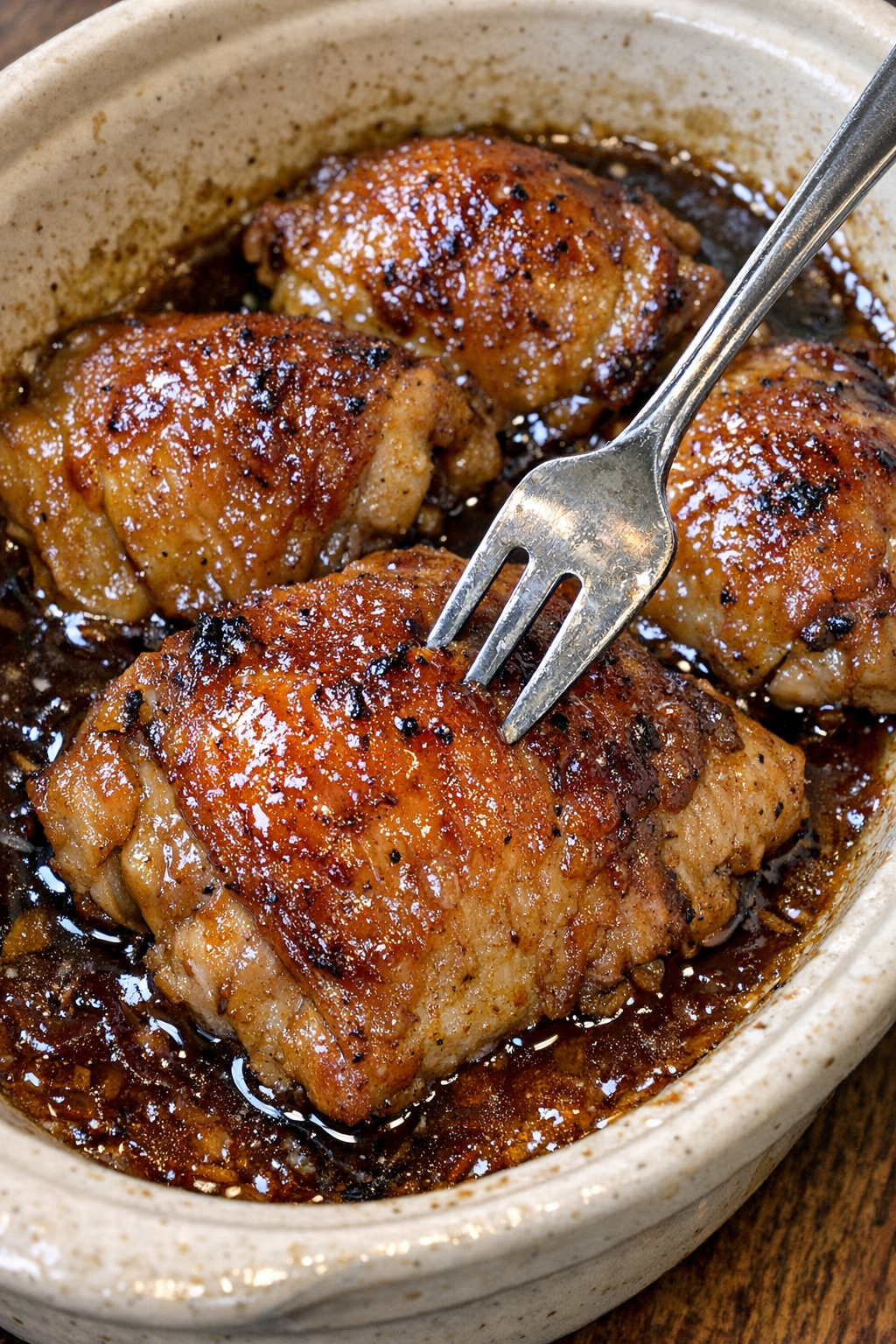 Caramelized chicken thighs with glossy amber glaze in a stoneware baking dish