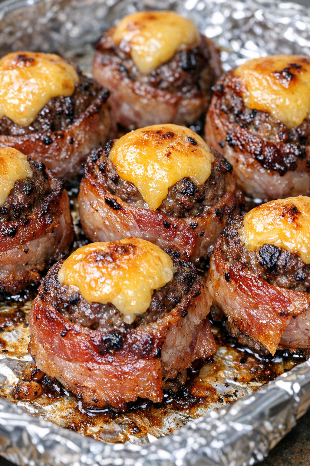 Low carb bacon burger bites with melted cheddar