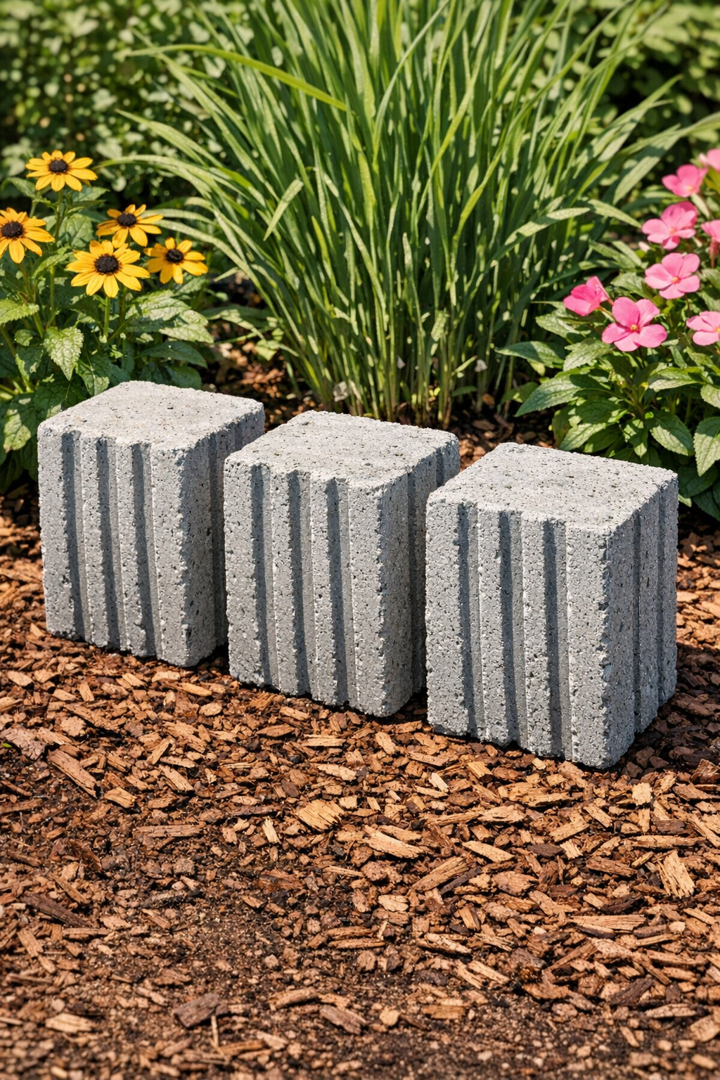 Finished grooved cement yard blocks arranged in a garden bed