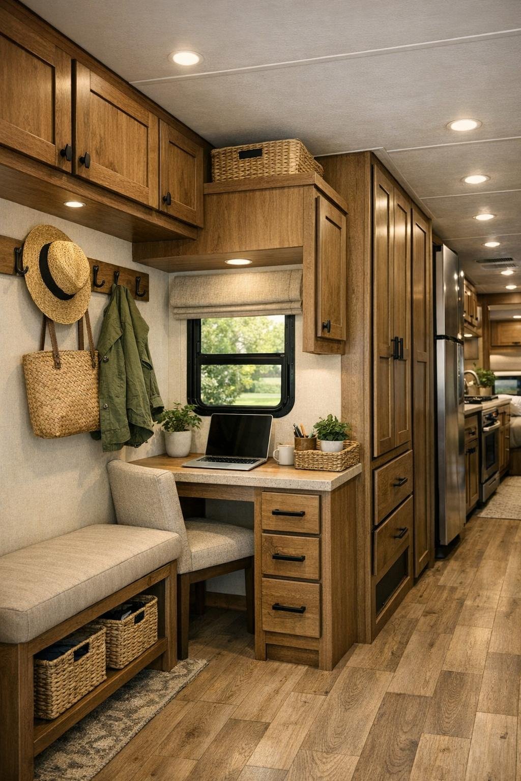 Smart camper hallway and utility area with built-in storage, hooks, and a small bench