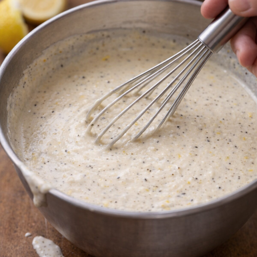 Creamy lemon pepper Alfredo sauce being whisked in a bowl