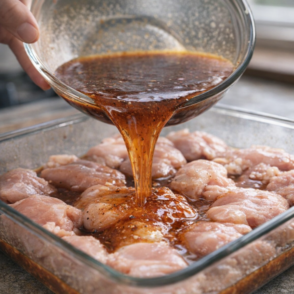 Barbecue sauce and soda being poured over chicken in a baking dish