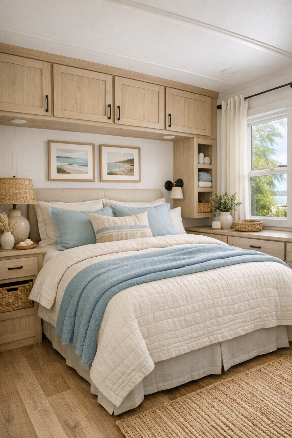 Serene coastal bedroom with soft blue and ivory bedding