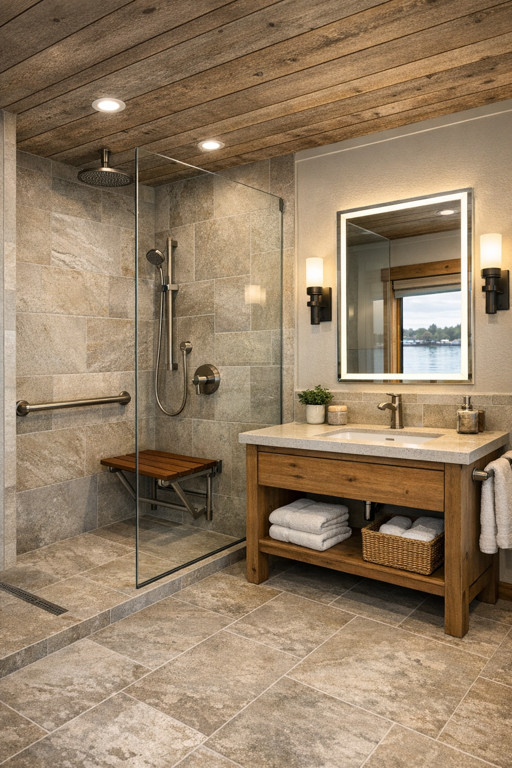 Accessible bathroom with curbless shower, stone-look tile, and warm wood vanity