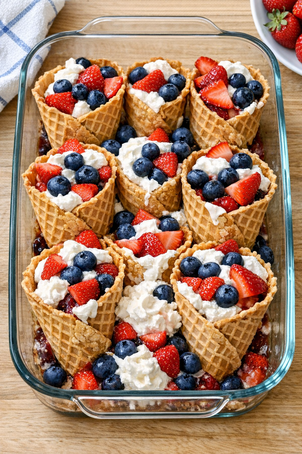 Finished baked waffle cone dessert with berries and cream