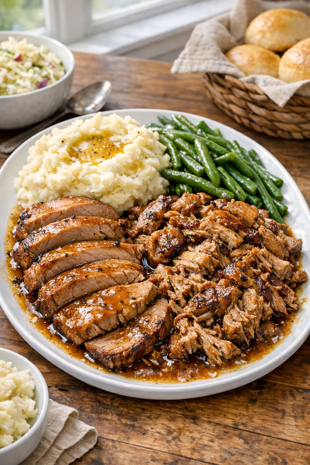 Finished slow cooker pork cushion roast plated with pan juices