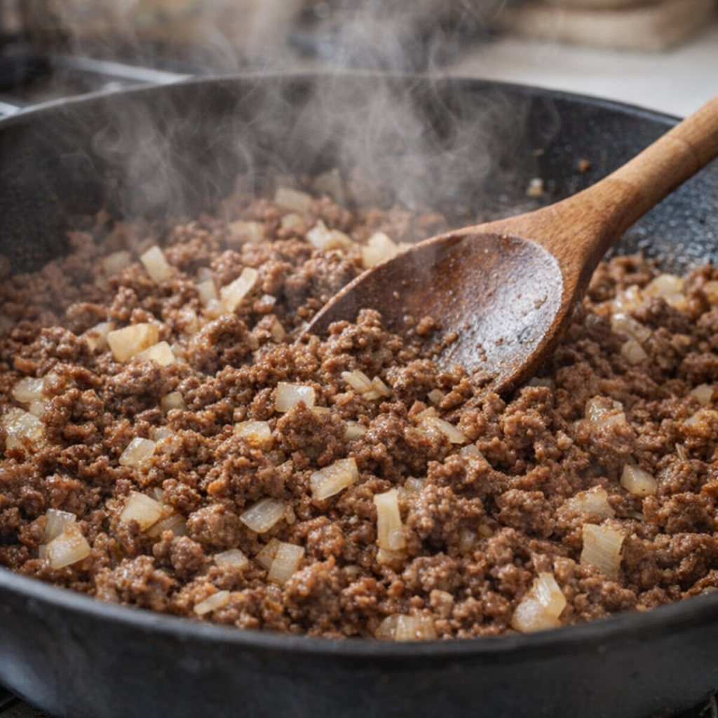 Ground beef and onions browning in a skillet