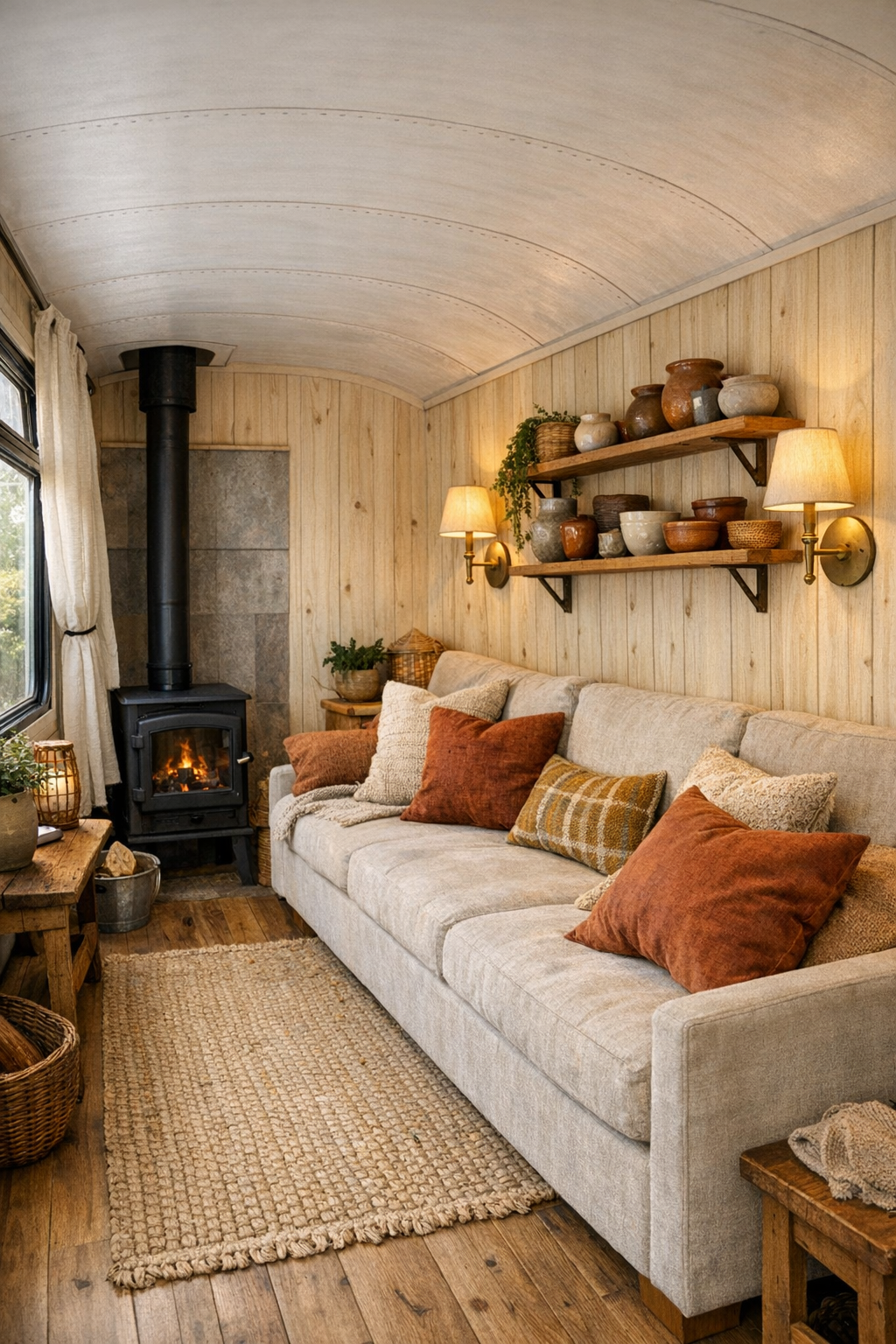 Warm living room inside a converted bus with bench seating and wood paneling