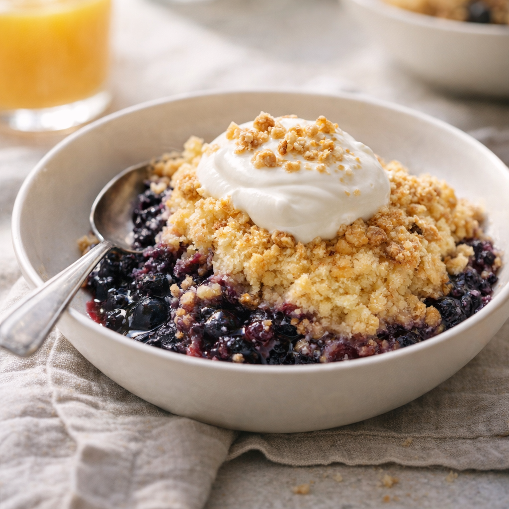 Dump cake topped with yogurt and granola for a breakfast-style serving