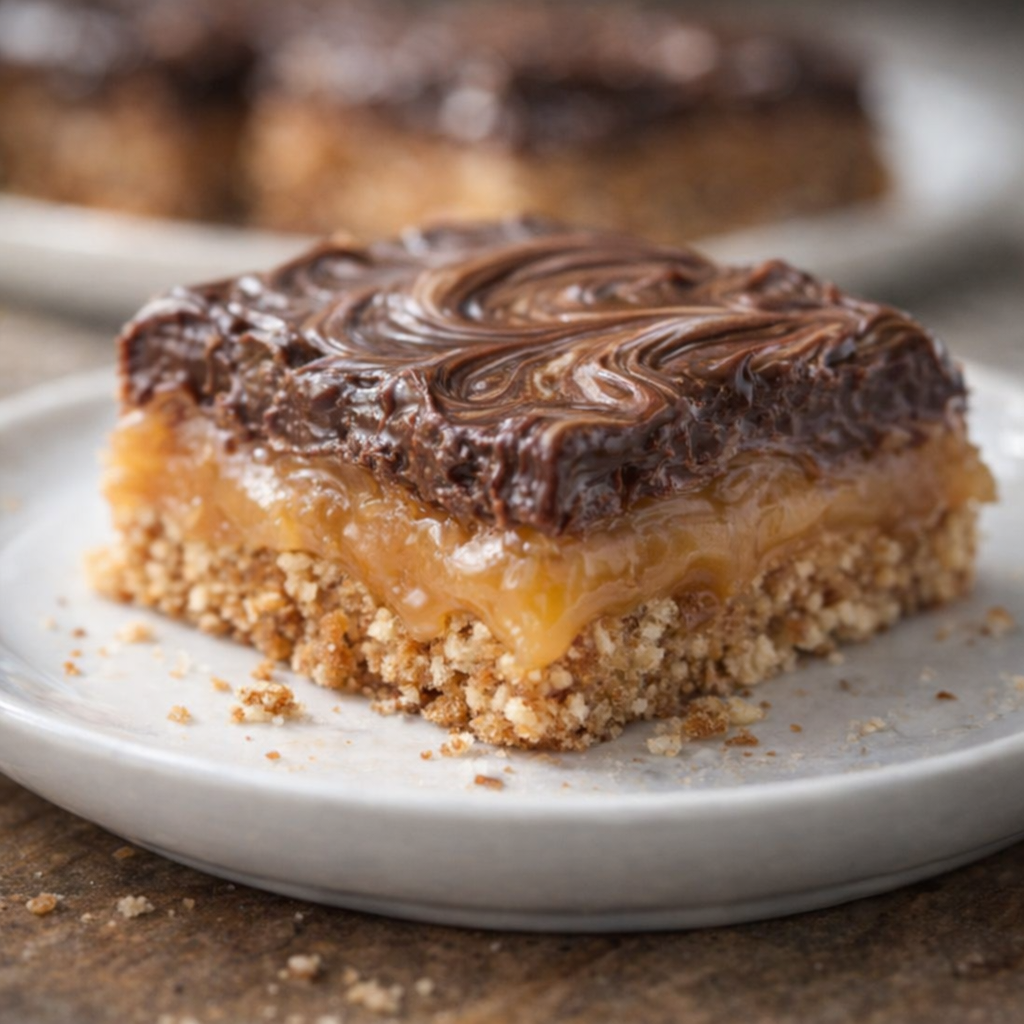 Close-up of a sliced bar showing the pretzel, caramel, and chocolate layers