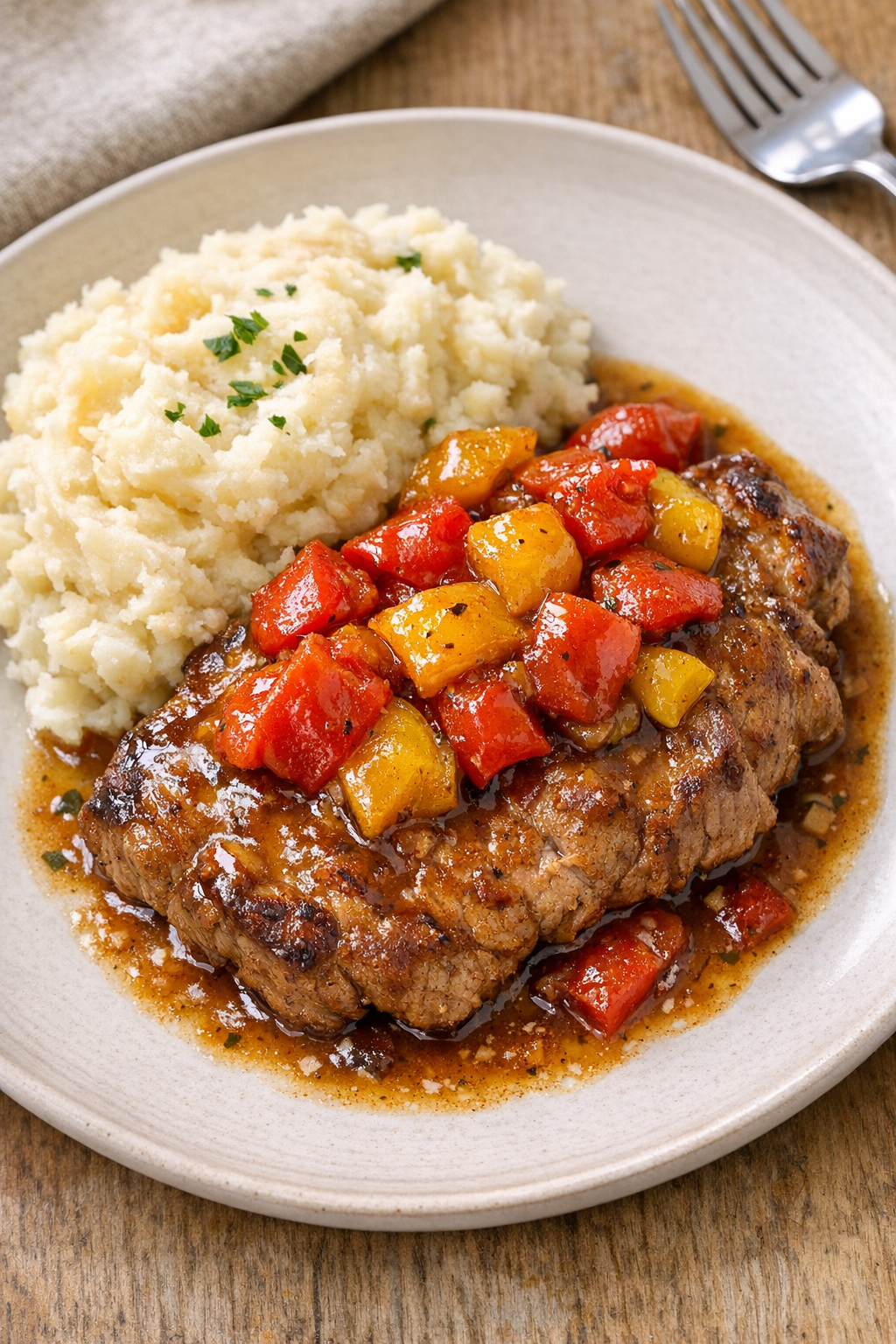 Finished slow cooker pork steaks with peppers on a serving plate