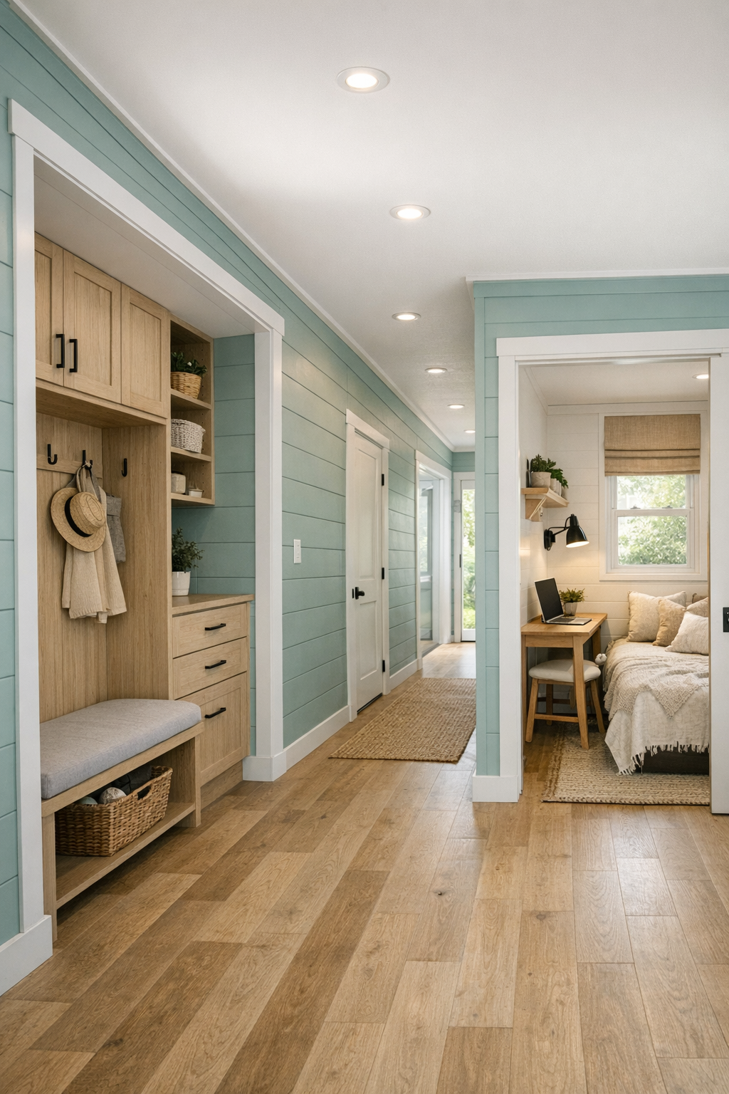Bright hallway and flexible nook with built-in storage, bench seating, and pale wood finishes