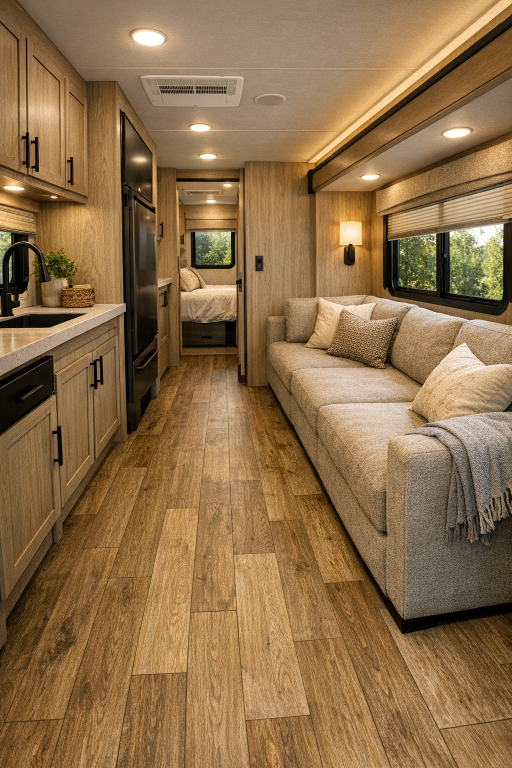 Accessible RV living room with built-in sofa, pale oak paneling, and soft modern lighting