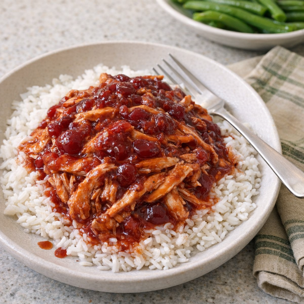 Slow cooker cranberry chicken served over rice