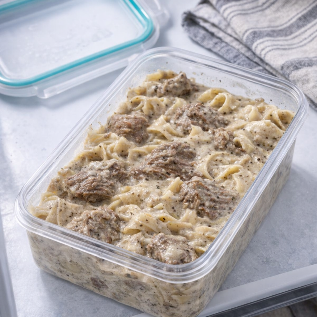 Leftover beef stroganoff packed in a storage container