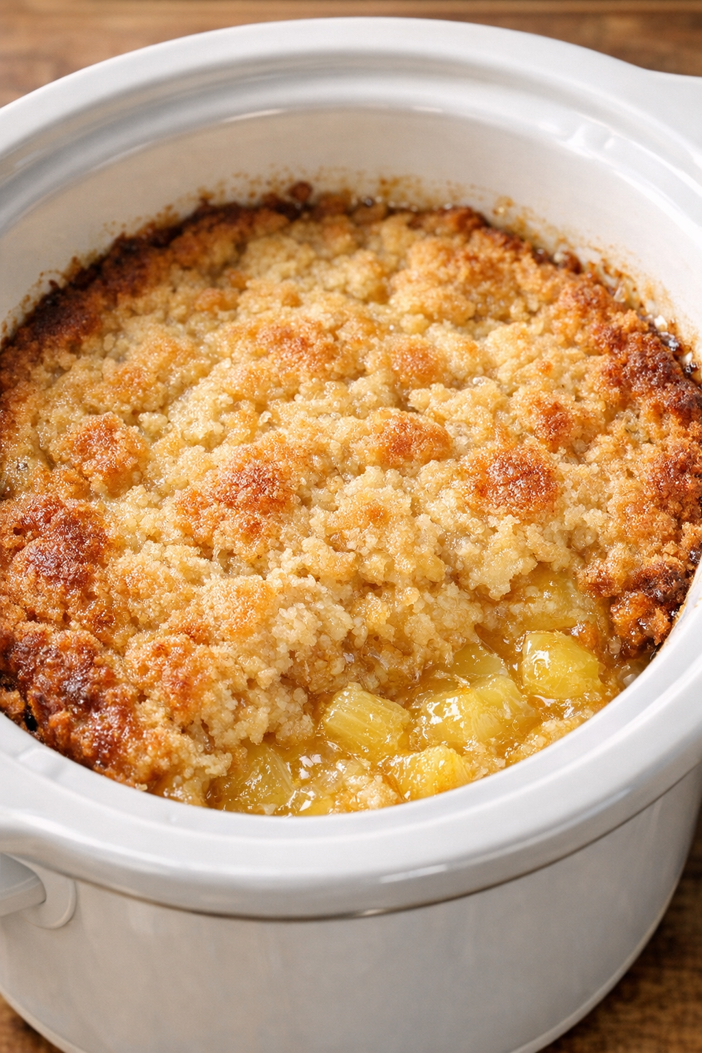 Freshly cooked dump cake with golden edges in the slow cooker
